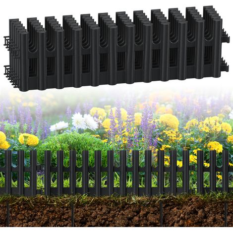 Jiubiaz Beeteinfassung 2,6m – 6er Set 43x13cm Beetumrandung aus flexiblem Kunststoff – Rasenkante Palisade Zierzaun – anthrazit inkl. 12 Erdankern (20cm)