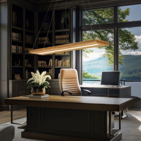 Pendellampe Hängeleuchte Esszimmerleuchte Wohnzimmerlampe Deckenleuchte, Metall Holz nickel naturfarben, dimmbar, 1x LED 27W 3400Lm 3000K warmweiß, L 100 cm