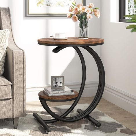 Tribesigns Table d'appoint Ronde Industrielle à 2 Niveaux avec étagères de Rangement, Petite Table d'appoint Rustique pour Salon, Chambre à Coucher (1, Marron/Noir)