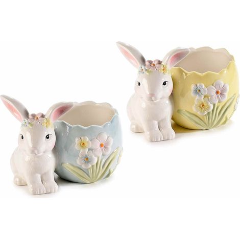 Petits pots de Pâques en céramique colorée en forme d'œuf avec lapin et fleurs en relief, lot de 2, 18 x 11,5 x H. 13 cm