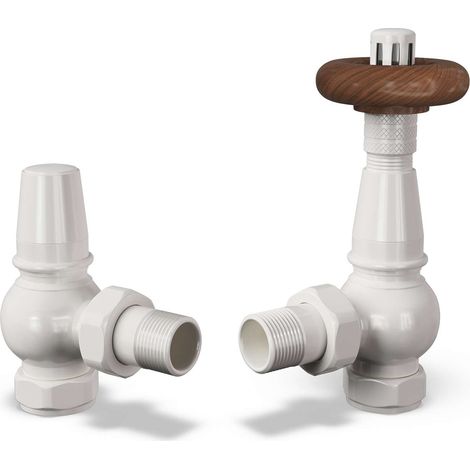 Derry Traditional - White Thermostatic Radiator Valve & Lockshield Angled 15mm