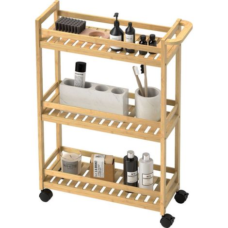 Chariot de service, 3 niveaux, étagères à lattes, protection anti chute, bambou, 55 x 20 x 75 cm (1/5)