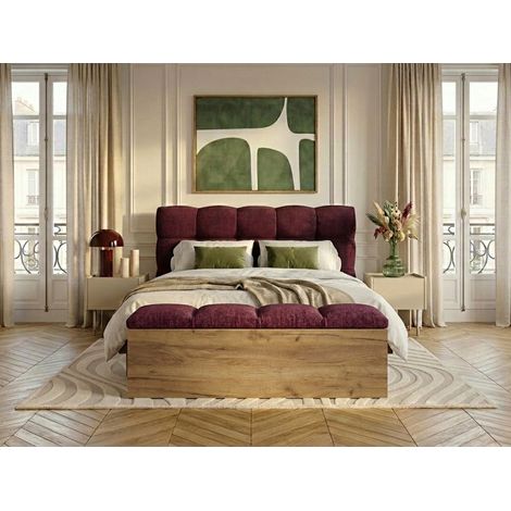 BOBOCHIC - Lit KUMO tissu texturé lattes massives pieds en bois naturel + Bout de lit KUMO tissu texturé  140x190 Rouge