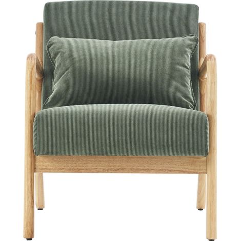 Homifab – Fauteuil en bois massif et velours côtelé vert – Assise large 44 cm – Dossier incliné – Accoudoirs en bois (1/5)