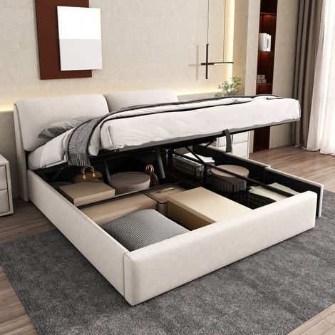 MODFU – Cama de matrimonio con arcón hidráulico 180x200 cm de terciopelo con 3 cajones, cabecero regulable y carga 300 kg – Beige (1/5)