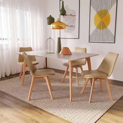 Set Di 4 Sedie Per Sala Da Pranzo Ufficio Con Gambe In Faggio Legno Massello Massiccio Stile Nordico Scandinavo Comoda Seduta Imbottita Ideale Per Soggiorno Sala Riunione (Beige) - Colore: Beige