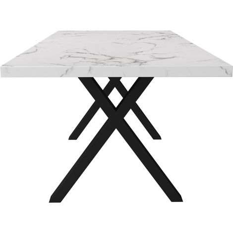 Mesa de comedor rectangular 140x80x76 cm, MDF efecto mármol blanco y estructura metálica negra (1/5)