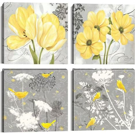 Décor mural toile jaune gris fleurs oiseaux, panneau abstrait moderne pour salon salle de bain, grand poster encadré art floral, 4 panneaux 30x30 cm, décoration intérieure. (1/5)