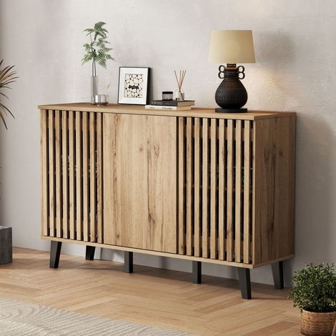 Aparador de cocina de 3 puertas en color natural, mueble de almacenaje para entrada de salón, patas negras, 150×40×95 cm (1/5)