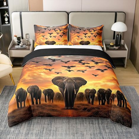 Parure de lit 100 % coton, motif éléphant, coucher de soleil, animaux sauvages africains, housse de couette pour décoration de chambre, 155 x 220 cm, 1 taie d'oreiller, jaune et noir (1/5)