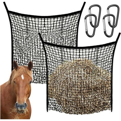 2 Pièces Filets à Foin Pour Chevaux, 90x80cm Grand Filet à Foin Filet à Foin Pour L'Agriculture Avec 4 Mousquetons Filet à Foin Noir à Mailles SerréEs Pour Chevaux BœUfs Moutons
