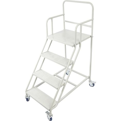 Escalier roulant à 4 marches avec freins, capacité de charge de 400 kg, acier laminé à froid, pédales antidérapantes, roues 4PU, pour entrepôts, ménage, supermarchés, blanc