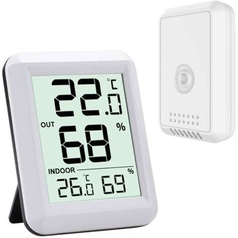 Thermomètre Intérieur et Extérieur - Thermomètre Hygrometre Numérique avec Grand Ecran LCD - Thermomètre Connecté avec Capteur Extérieure sans Fil - pour Bureau/Maison/Chambre(blanc) (1/5)