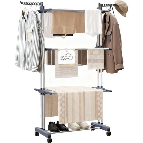 Etendoir Linge Tour sur roulettes Séchoir 4 Niveaux en Acier Inoxydable avec 6 Ailes Pliantes 76x50x172 cm Gain de Place pour Balcon Salle de Bain (1/5)