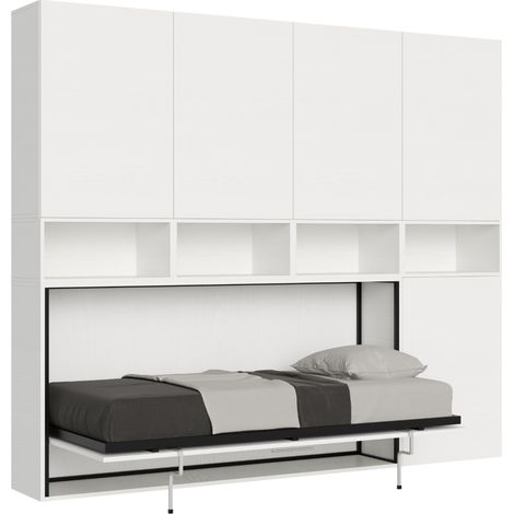 Lit escamotable horizontal blanc Bounto 85x185 avec rangement et bibliothèque composition C-1 matelas 85x185cm (1/5)