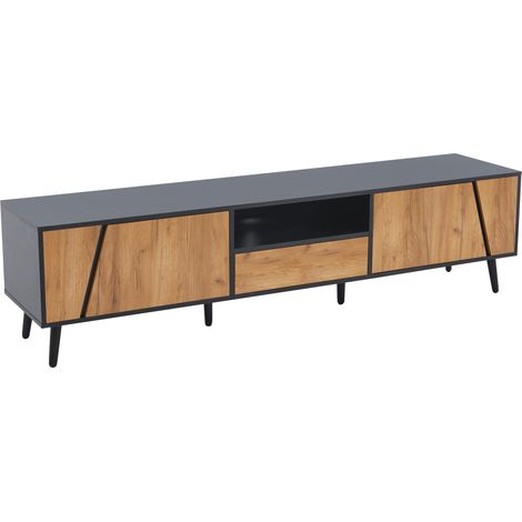 Meuble TV 180x40x46 cm avec 2 armoires, 1 tiroir et étagère semi-ouverte, structure en panneaux et pieds massif, adapté pour TV jusqu'à 75 pouces (1/5)
