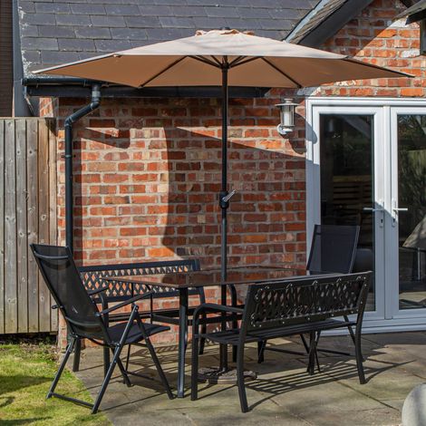 Outdoor 6 Person Rectangular Glass Top Garden Dining Table Benches & Chairs With Beige Havana Parasol and Base Set (1/5)