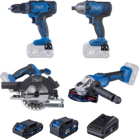 Scheppach – Pack de 4 outils électroportatifs 20V – 1 perceuse-visseuse 45Nm, 1 visseuse à chocs 180Nm, 1 meuleuse 125mm, 1 scie circulaire 165mm – 2 batteries 2Ah et 4Ah
