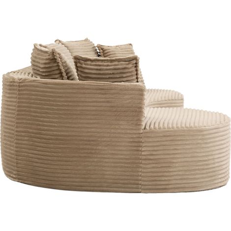 Sofá curvo de pana beige con portavasos, bolsillos laterales y cojín (1/5)
