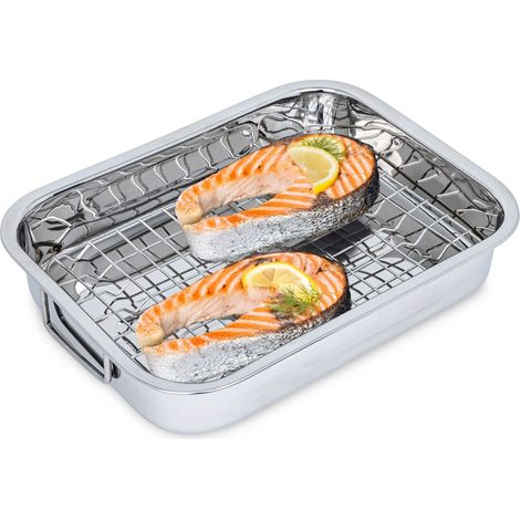Edelstahl Bräter mit entnehmbaren Grillrost - 32 x 24 cm - Auflaufform mit Griffen und Rost für Grill und Ofen