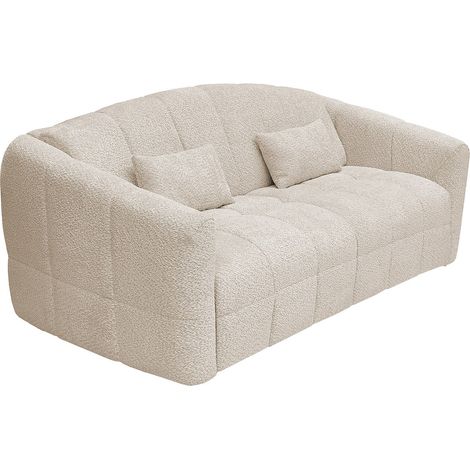 Vente-Unique – Canapé convertible express 3 places en tissu bouclette beige – Couchage 140 cm – Matelas 13 cm – Assise déhoussable – Coussins inclus