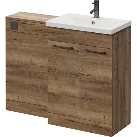 Napoli 390 Tobacco Oak 1100mm 2 Door Vanity Unit Toilet Suite with Glide Basin - 1100mm - Gunmetal Grey 160mm HandleWithout Kingston Toilet Pan