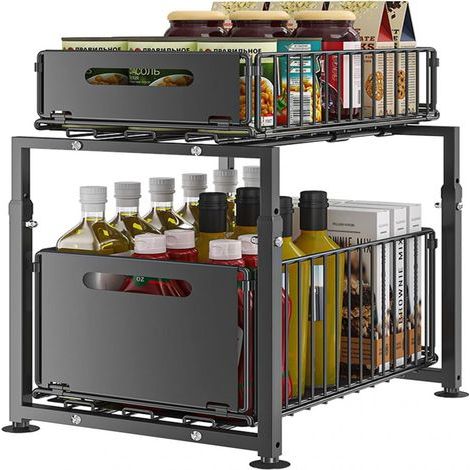 Organizer für Spülbecken und Küchenschränke – Verstellbares Metallregal – 2 Ebenen – Maße: 29 x 37,5 x 41–49 cm – Schwarz – 1 Stück (1/5)