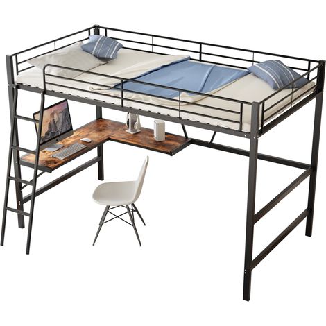 Lit mezzanine 90x200 cm en métal noir avec bureau d’angle en L, étagère intégrée et échelle, gain de place pour enfant, ado ou adulte, idéal chambre – CHICFURN (1/5)