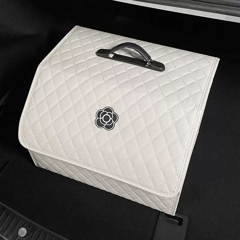 Multifunktionale Kofferraum-Organizerbox mit großem Fassungsvermögen, tragbare Aufbewahrungsbox aus PU-Leder mit Deckel, Weiß – Größe XL (1/5)