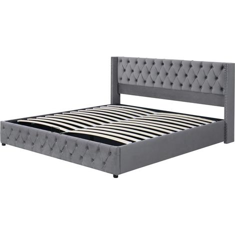 Lit rembourré 180x200 cm gris – sommier à lattes recouvert tissu polaire, 2 places, capacité 300 kg (1/5)