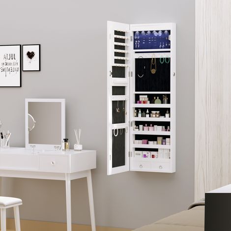 Schmuckschrank zur Wand- oder Türmontage mit Spiegel, LED-Beleuchtung, 5 Ablagen, 2 Schubladen, 37 x 10 x 120 cm, graue Holzoptik