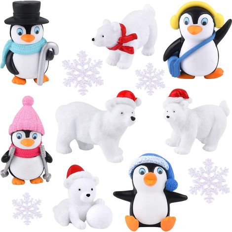 12 Pcs d'hiver Résine Pingouin Ours Polaire Flocons De Neige Miniature Figurine Jouet Mini Figurines De Noël pour DIY Jardin Décor de Noël Ornements (1/5)