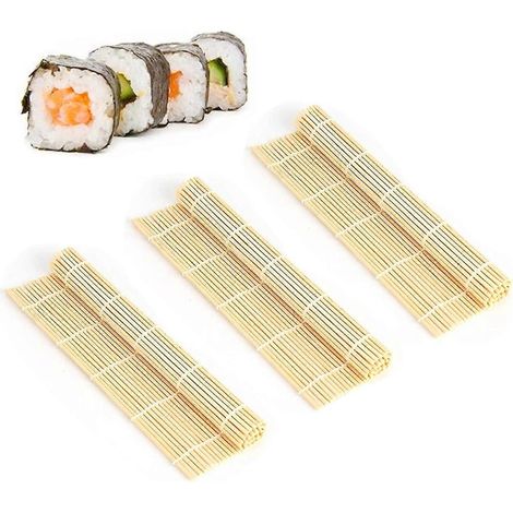 Lot de 3 tapis à sushis carrés de 24 x 24 cm pour la confection de sushis. (1/5)