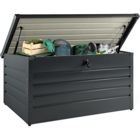 Idmarket – Coffre de jardin métal verrouillable 810L – Acier galvanisé – Dimensions 147x86x82cm – Protection contre la pluie – 2 vérins à gaz