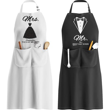 Mr. & Mrs. Schürze, verstellbare Schürze mit 2 Taschen, Paarschürze Geschenk für Jahrestag Hochzeit, Valentinstag, Muttertag (Schwarz & Weiß) 2 Stück