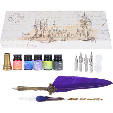 Calligraphy Pen Set Glass Ink Feather Fountain Pen with Replaceable Nib Writing Gift Box KitSP118014 Purple (1/5)