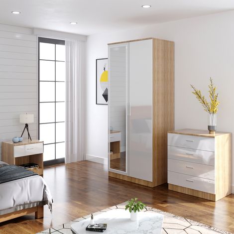 ELEGANT Modern High Gloss Wardrobe and Cabinet Furniture Set Bedroom 2 Doors Wardrobe with Mirror and 4 Drawer Chest and Bedside Cabinet, White/Oak (1/5)