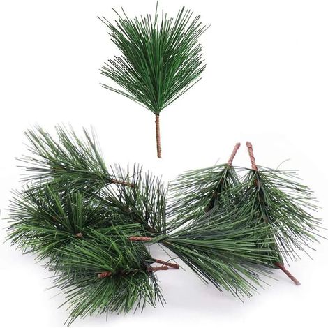 24 piezas agujas de pino de Navidad, ramas de pino artificiales, ramas de pino, tallos, decoraciones, follaje, agujas de pino para corona de guirnalda DIY, decoración de Navidad, 10 x 8 cm (1/4)