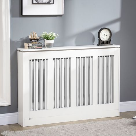 Cache-radiateur moderne et élégant à lattes pour la maison - 120x18x84cm - MDF et acier - blanc