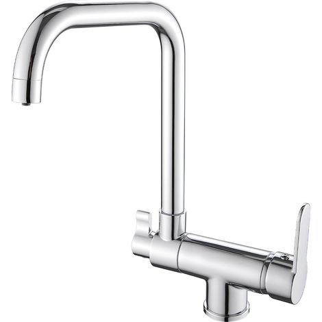 Robinet de cuisine 3 voies - Fenêtre avant - Pliable - Avec démarrage à froid - Mitigeur 3 en 1 pour filtre à eau - Rotatif à 360° - Avec 2 leviers - Chromé (1/5)