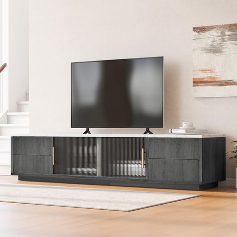 Meuble TV de luxe 160 cm pour téléviseur 70" - Élégant plateau gris marbré, gestion des câbles, tiroirs à ouverture par simple pression (1/5)