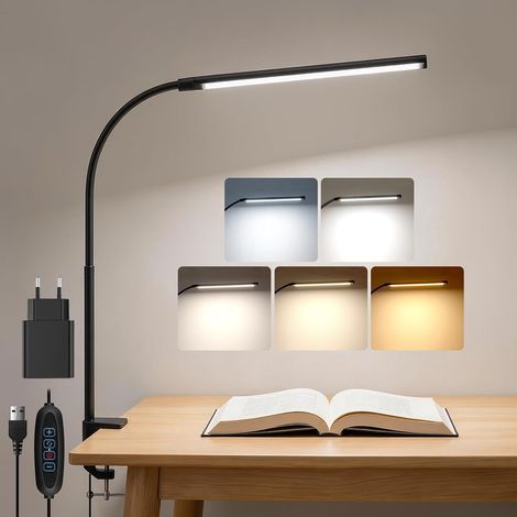 Lampe de Bureau LED à Pince avec Timer, 2A Adaptateur inclus, 5 Couleurs 10 Intensité, Lampe Manucure de Table, Lumière LED Bureau Flexible à Clipser pour Lire Apprendre, Noire (1/5)
