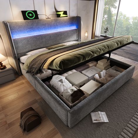 Cama doble 140x200 cm iluminación LED puerto de carga USB - C espacio de almacenamiento lino color gris (Sin colchón)