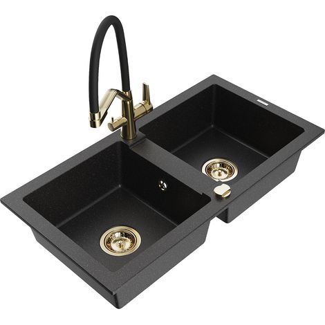 Mexen Mario lavello in granito a 2 vasche con miscelatore cucina Duo, nero/metallo argento - 6504-73-671701-57-G (1/5)
