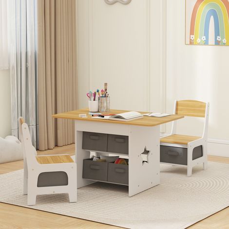 Table enfant avec 2 chaises et 6 tiroirs en tissu, motif étoiles, pour garçons et filles de 3 à 8 ans, couleur naturelle (1/5)
