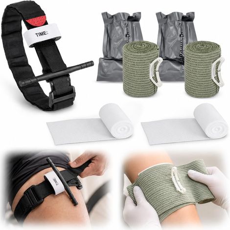 Kit de Bandage Garrot, 1x 95 cm Garrot Tactique + 2x Bandages d'Urgence de 6'' + 2x Bandes de Gaze, Matériel de Premiers Secours d'Urgence pour l'Alpinisme, le Sport et le Camping (1/5)