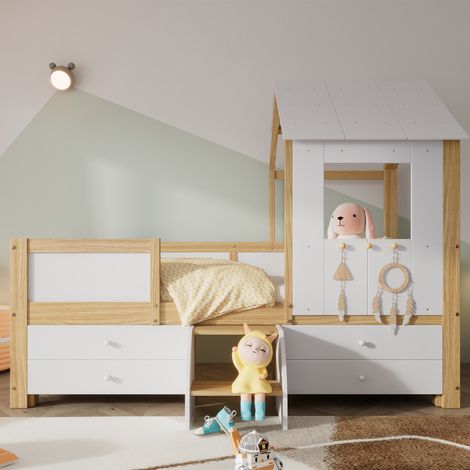 Letto per bambini, letto semi-alto, letto a casa con tetto e finestra, recinzione su quattro lati, con 4 cassetti e piccola scala, pino + MDF + compensato, bianco + naturale, 90x200cm (1/5)