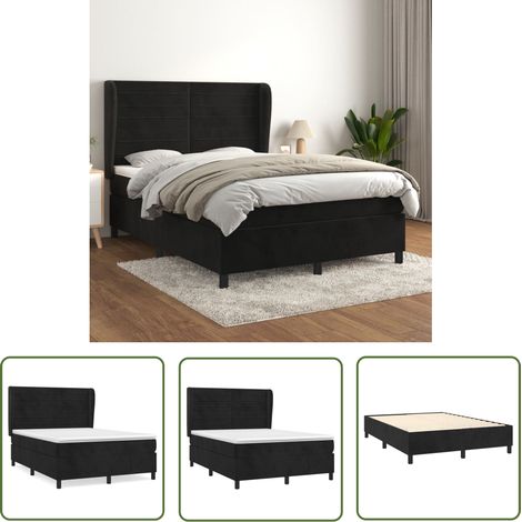 The Living Store Sommier à lattes de lit avec matelas Noir 140x190 cm Velours - Lit Tapissier - Lit Velours - Lit Double - Literie - Chambre À Coucher (1/5)