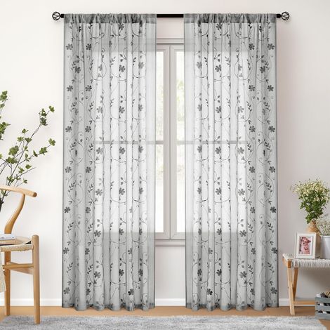 Set of 2 Embroidered Floral Tulle Curtains, Rod Pocket Tulle Curtains, Semi-Sheer Blackout Curtains, 132 x 160 cm, Grey