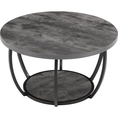 Table basse ronde moderne à deux niveaux en bois avec rangement ouvert, structure métallique robuste et minimaliste, idéale pour le salon ou le bureau. Montage facile. Couleur : gris. (1/5)